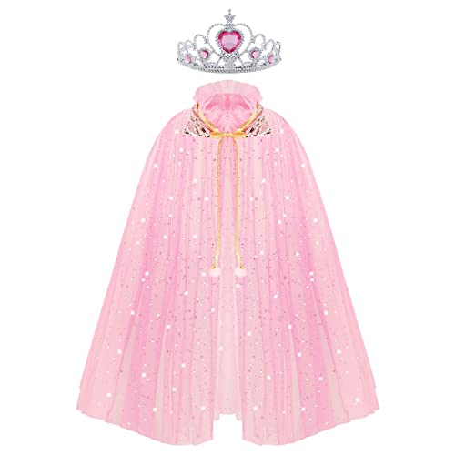 ACWOO Princess Cape for Girls, Colorful Princess Cloak with Crown, Princess Elsa Fancy Dress Up Sparkling Sequins Tulle Princess Cape Set for Halloween Birthday Party Cosplay (Pink, L)
