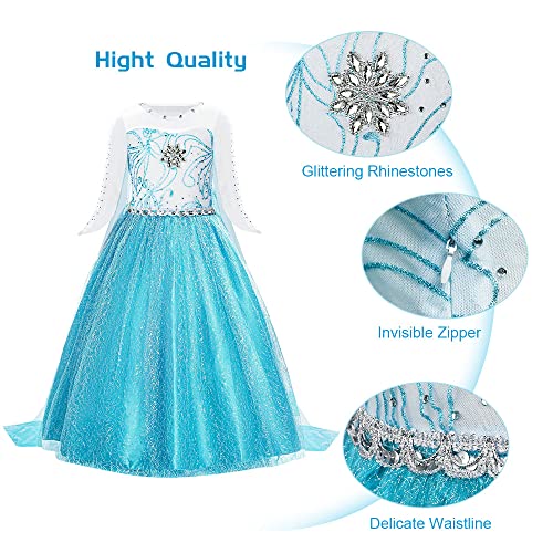 URAQT Elsa Dress, Elsa Princess Costume with Princess Crown Magic Wand Accessories, Princess Dress Up for Girls, Deluxe Shining Cloak Fancy Dress for Party, Cosplay, Bridesmaid (4-5 Years)