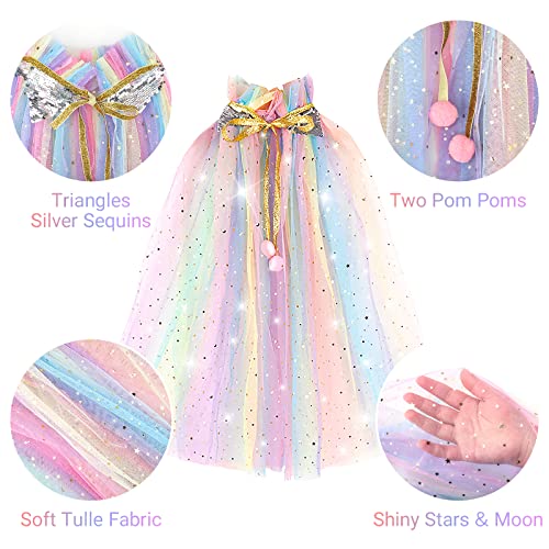 TOYESS 6Pcs Princess Costumes Dress Up for Girls, Princess Cape Set with Crown, Wand, Necklace, Ring and Earrings, Fancy Dress for Girls Birthday, Party, Halloween, Christmas Cosplay, Rainbow