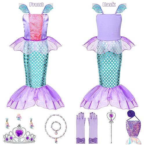 MELAND Mermaid Costume Kids, Princess Costumes for Girls Gift Aged 3-8, Little Mermaid Dress Up for Girls Halloween, Party