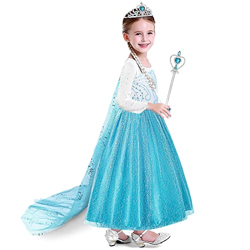 URAQT Elsa Dress, Elsa Princess Costume with Princess Crown Magic Wand Accessories, Princess Dress Up for Girls, Deluxe Shining Cloak Fancy Dress for Party, Cosplay, Bridesmaid (4-5 Years)
