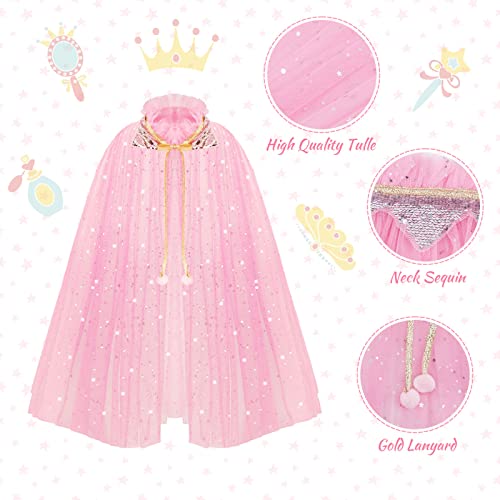 ACWOO Princess Cape for Girls, Colorful Princess Cloak with Crown, Princess Elsa Fancy Dress Up Sparkling Sequins Tulle Princess Cape Set for Halloween Birthday Party Cosplay (Pink, L)