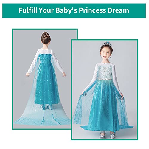 URAQT Elsa Dress, Elsa Princess Costume with Princess Crown Magic Wand Accessories, Princess Dress Up for Girls, Deluxe Shining Cloak Fancy Dress for Party, Cosplay, Bridesmaid (4-5 Years)