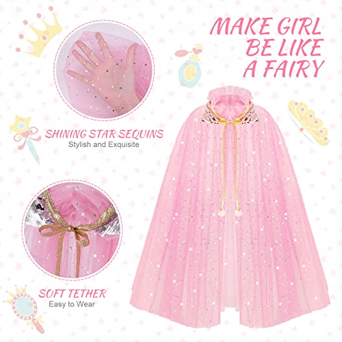 ACWOO Princess Cape for Girls, Colorful Princess Cloak with Crown, Princess Elsa Fancy Dress Up Sparkling Sequins Tulle Princess Cape Set for Halloween Birthday Party Cosplay (Pink, L)