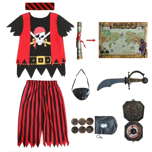 Kids Pirate Costume,Pirate Role Play Dress Up Completed Set 8pcs for Kids Size 3-4,5-6,7-8,8-10 (7-8years)