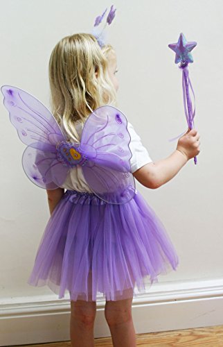 Fun Play Fairy Costume Fancy dress up for girls Butterfly Wings, Tutu, Magic Wand and Headband set- butterfly costumes angel wings for 3-8 year years girls Purple Colour