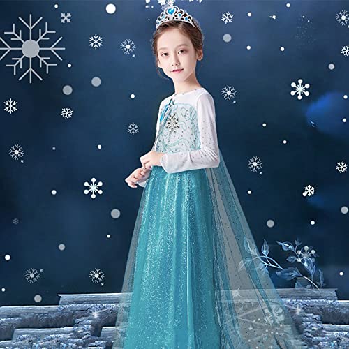 URAQT Elsa Dress, Elsa Princess Costume with Princess Crown Magic Wand Accessories, Princess Dress Up for Girls, Deluxe Shining Cloak Fancy Dress for Party, Cosplay, Bridesmaid (4-5 Years)