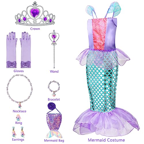 MELAND Mermaid Costume Kids, Princess Costumes for Girls Gift Aged 3-8, Little Mermaid Dress Up for Girls Halloween, Party