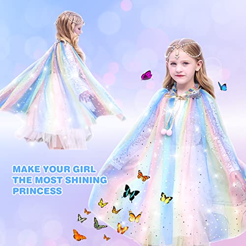 TOYESS 6Pcs Princess Costumes Dress Up for Girls, Princess Cape Set with Crown, Wand, Necklace, Ring and Earrings, Fancy Dress for Girls Birthday, Party, Halloween, Christmas Cosplay, Rainbow
