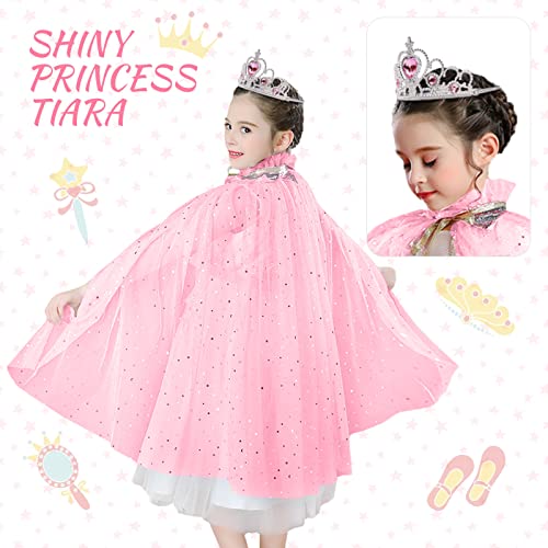 ACWOO Princess Cape for Girls, Colorful Princess Cloak with Crown, Princess Elsa Fancy Dress Up Sparkling Sequins Tulle Princess Cape Set for Halloween Birthday Party Cosplay (Pink, L)