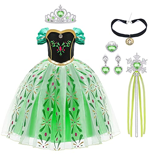 URAQT Elsa Costume, Elsa Anna Dress with Wand and Crown, Girls Princess Costume Dress Up, Fancy Dress for Girls Birthday Party Halloween Christmas Cosplay