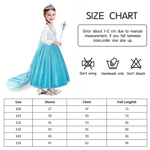 URAQT Elsa Dress, Elsa Princess Costume with Princess Crown Magic Wand Accessories, Princess Dress Up for Girls, Deluxe Shining Cloak Fancy Dress for Party, Cosplay, Bridesmaid (4-5 Years)