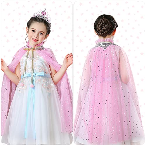 ACWOO Princess Cape for Girls, Colorful Princess Cloak with Crown, Princess Elsa Fancy Dress Up Sparkling Sequins Tulle Princess Cape Set for Halloween Birthday Party Cosplay (Pink, L)