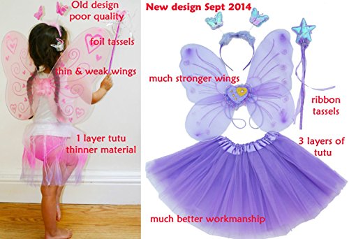Fun Play Fairy Costume Fancy dress up for girls Butterfly Wings, Tutu, Magic Wand and Headband set- butterfly costumes angel wings for 3-8 year years girls Purple Colour