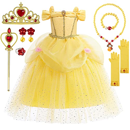 TOLOYE Princess Costumes for Girls, Belle Dress Up for Girls with Crown Fairy Wand Necklace Sets, Belle Princess Dress Long Skirt, Belle Costume Kids Fancy Dress for Party Bridesmaid Cosplay Pageant