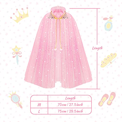 ACWOO Princess Cape for Girls, Colorful Princess Cloak with Crown, Princess Elsa Fancy Dress Up Sparkling Sequins Tulle Princess Cape Set for Halloween Birthday Party Cosplay (Pink, L)