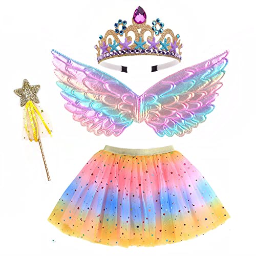 ZJstyle Girls Princess Costume Kids Fancy Dress Girls Fairy Costume Set Princess Tutu Skirt Fairy Wings Dress Up Fantasy Costume with Wings,Wand,Crown Headband & Tutu Skirt for 3-8 Years Girls(Pink)