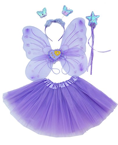Fun Play Fairy Costume Fancy dress up for girls Butterfly Wings, Tutu, Magic Wand and Headband set- butterfly costumes angel wings for 3-8 year years girls Purple Colour