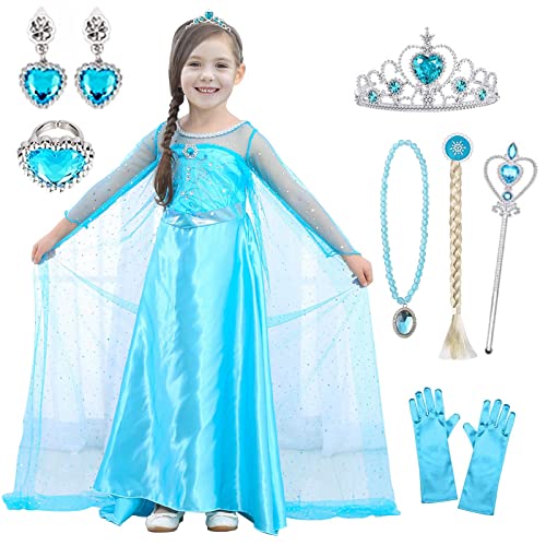 ATOWORLD Elsa Dress Up for Girls 4-5 Frozen Elsa Costume Princess Costumes for Girls Princess Dress Up Elsa Fancy Dress for Girls Snow Queen Kids Dressing Up Costumes Clothes with Elsa Accessories