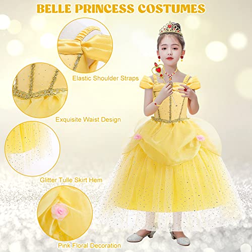 TOLOYE Princess Costumes for Girls, Belle Dress Up for Girls with Crown Fairy Wand Necklace Sets, Belle Princess Dress Long Skirt, Belle Costume Kids Fancy Dress for Party Bridesmaid Cosplay Pageant