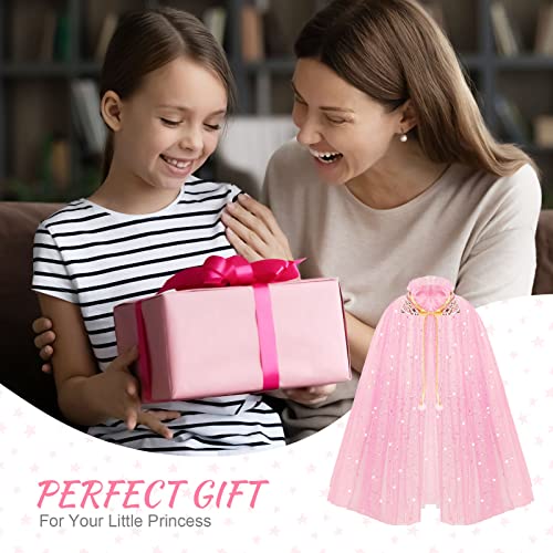 ACWOO Princess Cape for Girls, Colorful Princess Cloak with Crown, Princess Elsa Fancy Dress Up Sparkling Sequins Tulle Princess Cape Set for Halloween Birthday Party Cosplay (Pink, L)