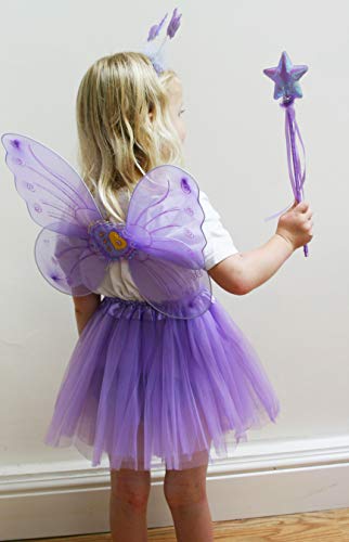 Fun Play Fairy Costume Fancy dress up for girls Butterfly Wings, Tutu, Magic Wand and Headband set- butterfly costumes angel wings for 3-8 year years girls Purple Colour
