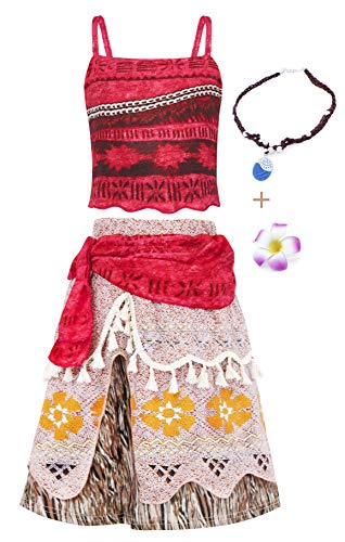 AdoraDouble Moana Costume Fancy Dress up Outfit for Girls Kids Halloween Birthday Holiday Cosplay Clothing Set Red 4-5 Years Tag 120