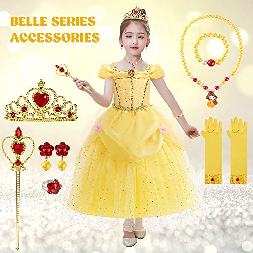 TOLOYE Princess Costumes for Girls, Belle Dress Up for Girls with Crown Fairy Wand Necklace Sets, Belle Princess Dress Long Skirt, Belle Costume Kids Fancy Dress for Party Bridesmaid Cosplay Pageant