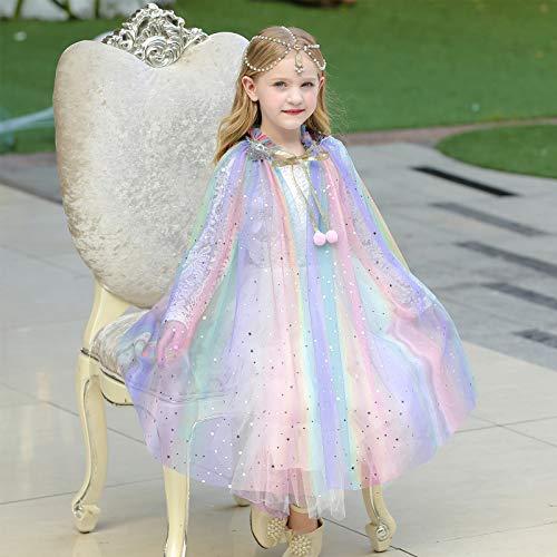 PHOGARY Princess Cape Colorful Princess Cloak, Princess Fancy Dress Halloween Costume Sparkling Sequins Tulle Carnival Birthday Party Cosplay Princess Dress Up for Girls（75cm）