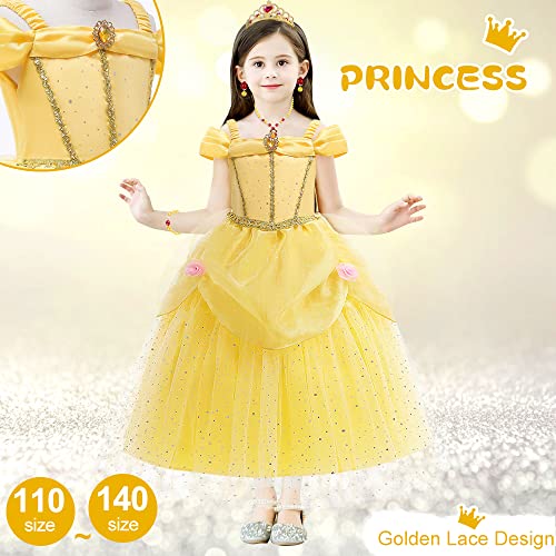 TOLOYE Princess Costumes for Girls, Belle Dress Up for Girls with Crown Fairy Wand Necklace Sets, Belle Princess Dress Long Skirt, Belle Costume Kids Fancy Dress for Party Bridesmaid Cosplay Pageant