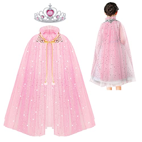ACWOO Princess Cape for Girls, Colorful Princess Cloak with Crown, Princess Elsa Fancy Dress Up Sparkling Sequins Tulle Princess Cape Set for Halloween Birthday Party Cosplay (Pink, L)