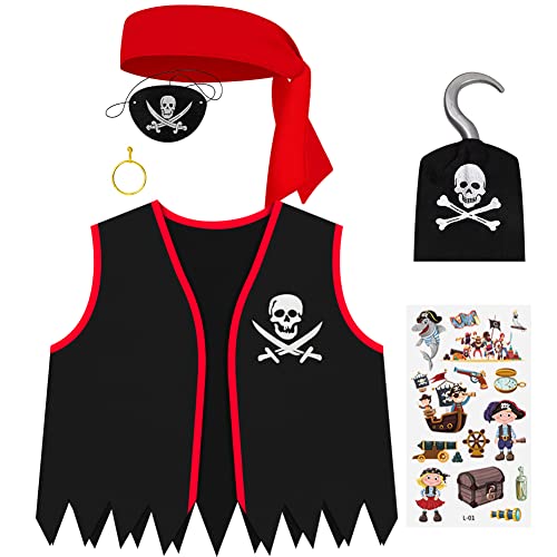 Wonsta Pirate Costume Accessories Kit Boys Captain Fancy Dress Kids Role Play Up Party Themed Birthday Holloween Costume, Black Red (W021G)
