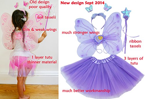 Fun Play Fairy Costume Fancy dress up for girls Butterfly Wings, Tutu, Magic Wand and Headband set- butterfly costumes angel wings for 3-8 year years girls Purple Colour