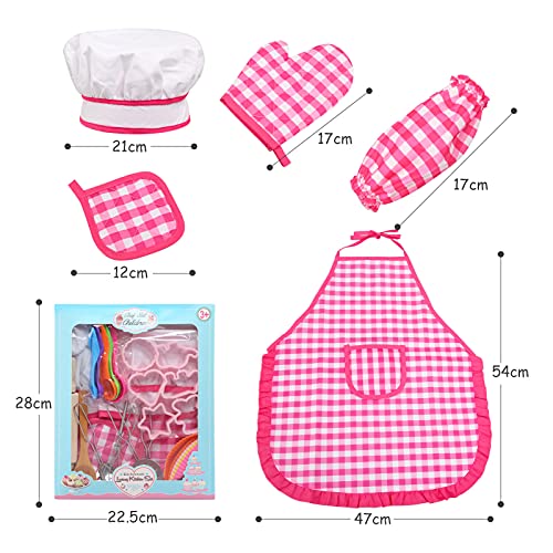 BelleStyle Kids Baking Set, 28Pcs Kids Cooking Set for Age 3-8, Kids Chef Set, Includes Apron for Girls, Chef Hat, Mitt & Utensil for Toddler Dress Up Chef Costume Career Role Play Set