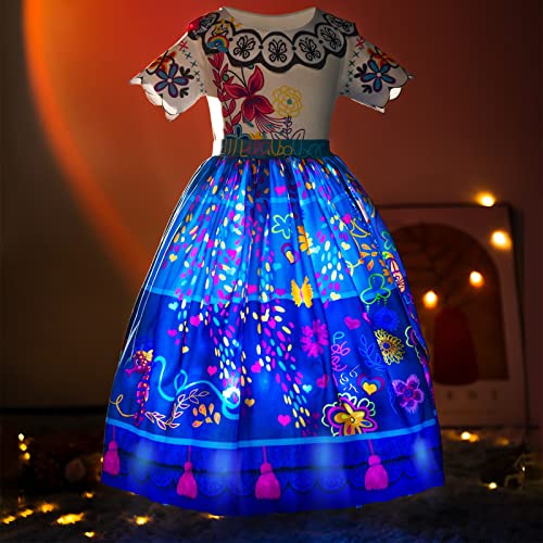 UPORPOR Light Up Dress Encanto Mirabel Costume for Little Girls Mirabel Birthday Party Outfit Madriga Isabela Halloween Cosplay Dress Up Clothes, Blue, 8-10 Years