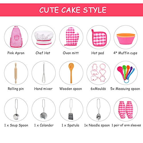 BelleStyle Kids Baking Set, 28Pcs Kids Cooking Set for Age 3-8, Kids Chef Set, Includes Apron for Girls, Chef Hat, Mitt & Utensil for Toddler Dress Up Chef Costume Career Role Play Set