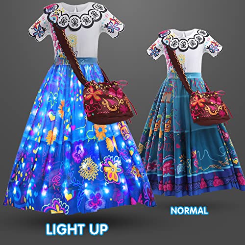 UPORPOR Light Up Dress Encanto Mirabel Costume for Little Girls Mirabel Birthday Party Outfit Madriga Isabela Halloween Cosplay Dress Up Clothes, Blue, 8-10 Years