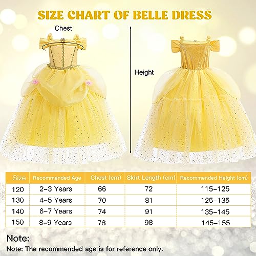TOLOYE Princess Costumes for Girls, Belle Dress Up for Girls with Crown Fairy Wand Necklace Sets, Belle Princess Dress Long Skirt, Belle Costume Kids Fancy Dress for Party Bridesmaid Cosplay Pageant