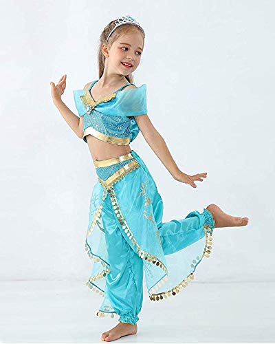 Atorcher Jasmine Princess Costume for Girls Sequined Princess Costume Set Dress Up for Kids