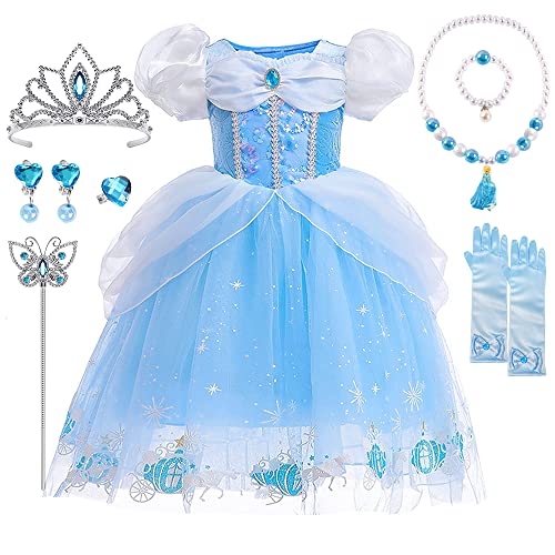 TOLOYE Princess Costumes for Girls, Cinderella Dress Up for Girls with Crown Fairy Wand Necklace Sets, Cinderella Princess Dress Long Skirt, Kids Fancy Dress for Carnival Party Bridesmaid Cosplay