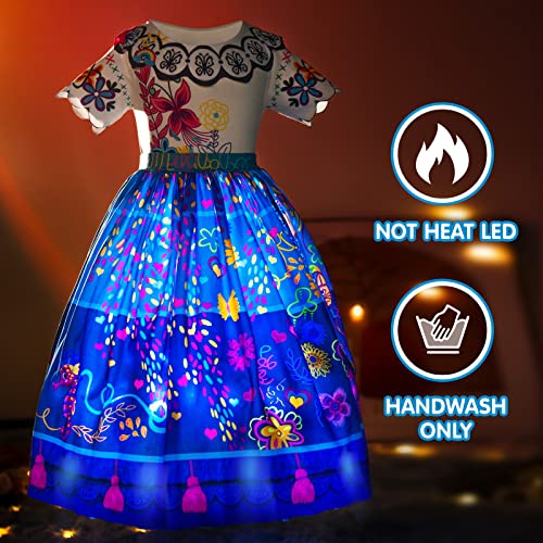 UPORPOR Light Up Dress Encanto Mirabel Costume for Little Girls Mirabel Birthday Party Outfit Madriga Isabela Halloween Cosplay Dress Up Clothes, Blue, 8-10 Years