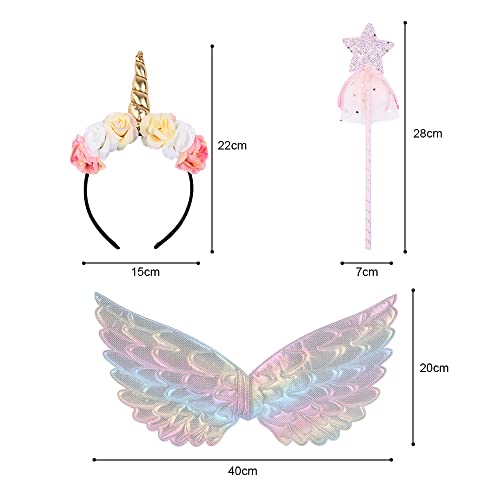 ACWOO Unicorn Costume, 4 Piece Unicorn Dress Princess Fancy Dress Up with Unicorn Headband Angel Wings and Magic Wand, Girls Fairy Tutu Skirt Costume for Party Cosplay Princess Dress Up (2-10 Years)
