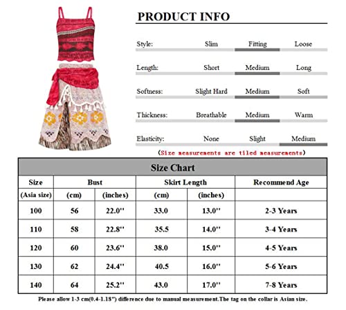 AdoraDouble Moana Costume Fancy Dress up Outfit for Girls Kids Halloween Birthday Holiday Cosplay Clothing Set Red 4-5 Years Tag 120