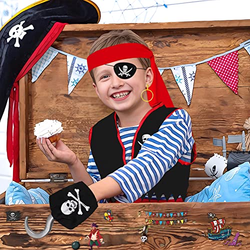 Wonsta Pirate Costume Accessories Kit Boys Captain Fancy Dress Kids Role Play Up Party Themed Birthday Holloween Costume, Black Red (W021G)