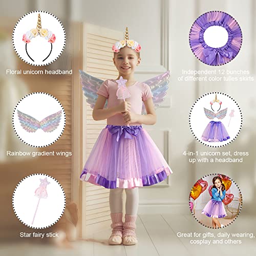 ACWOO Unicorn Costume, 4 Piece Unicorn Dress Princess Fancy Dress Up with Unicorn Headband Angel Wings and Magic Wand, Girls Fairy Tutu Skirt Costume for Party Cosplay Princess Dress Up (2-10 Years)