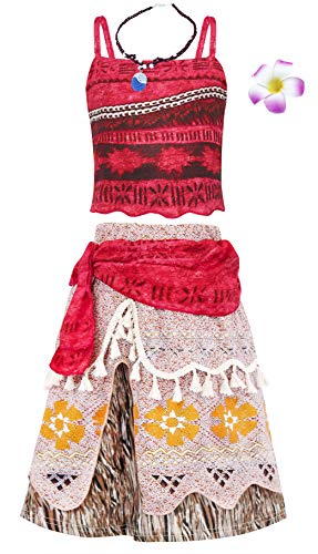 AdoraDouble Moana Costume Fancy Dress up Outfit for Girls Kids Halloween Birthday Holiday Cosplay Clothing Set Red 4-5 Years Tag 120