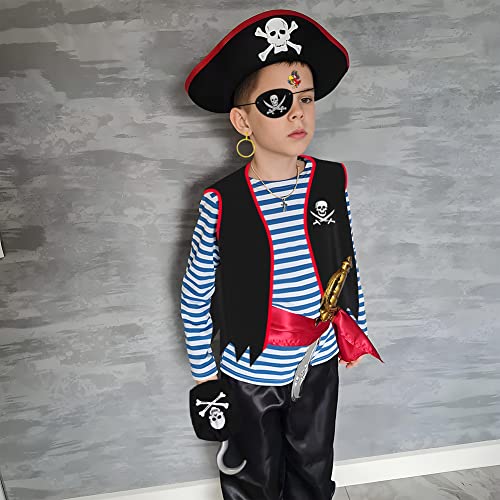 Wonsta Pirate Costume Accessories Kit Boys Captain Fancy Dress Kids Role Play Up Party Themed Birthday Holloween Costume, Black Red (W021G)