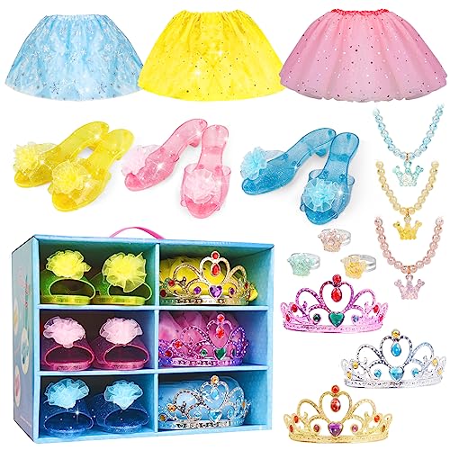 Princess Dress Up Shoes - Girls Princess Toys Costume with 3 Crowns Tiaras, 3 Pairs of Play Shoes, 3 Skirts Princess Accessories for Girls Birthday Gifts for Kids