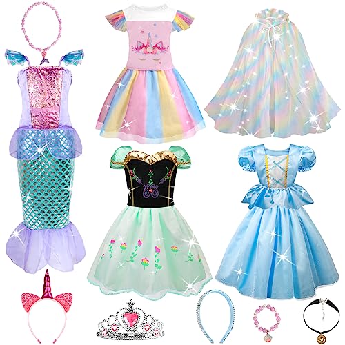 Princess Costumes for Girls - 4 Sets of Princess Fancy Dresses for Little Girls Aged 3-8 - Princess Toys Dress Up Clothes with Cloak, Crown, Jewelries Accessories for Kids Role Play