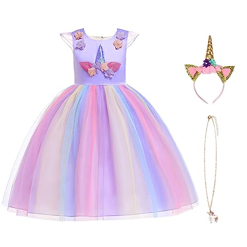 URAQT Unicorn Costume, Princess Unicorn Dress Fancy Dress with Necklace, Headband for Kids & Toddlers Birthday/Cosplay/Hallween Party,130 pour 5-6Ans